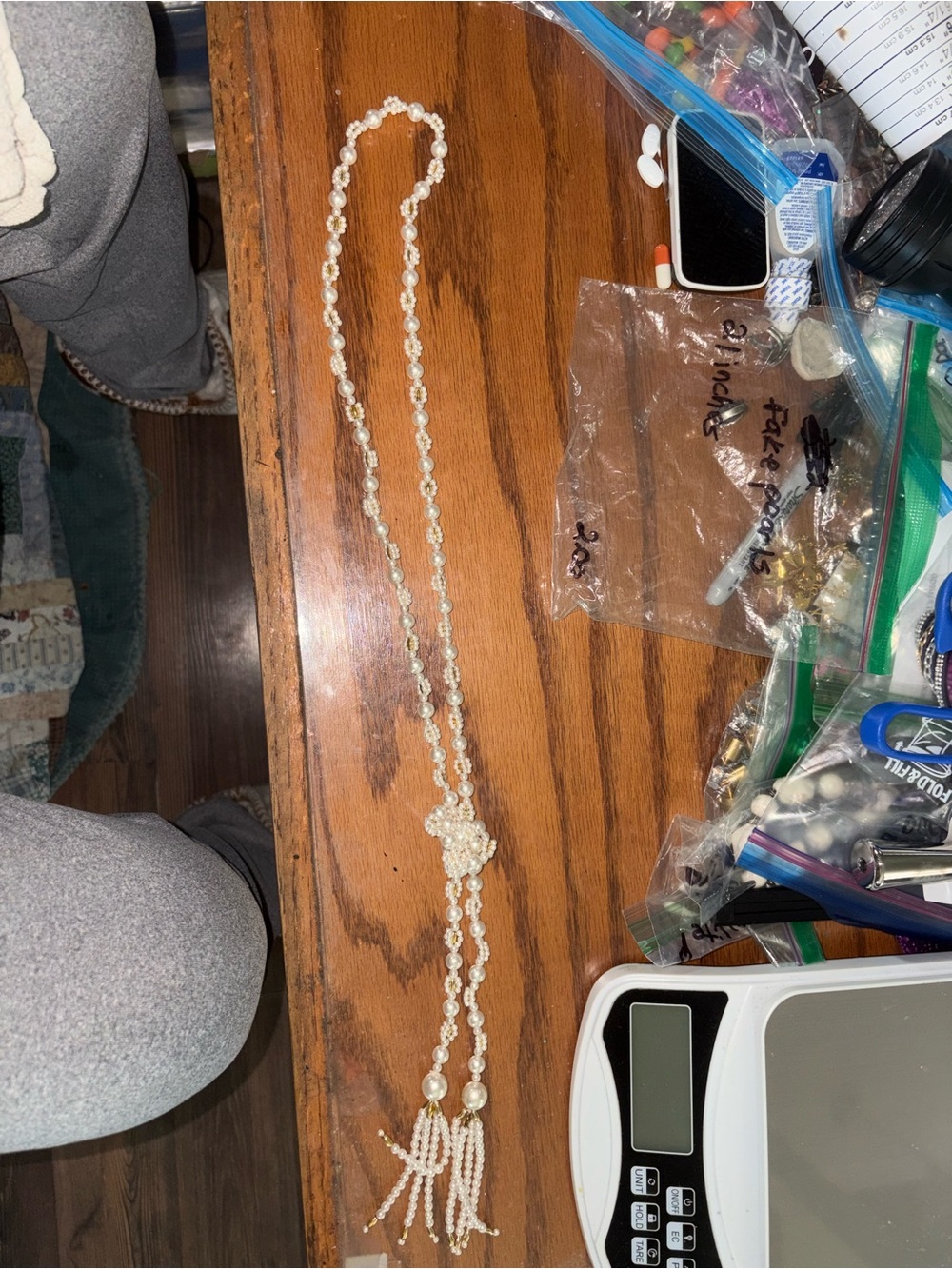 White Pearl Tassel Necklace with Decorative Beaded Knot 21 inches